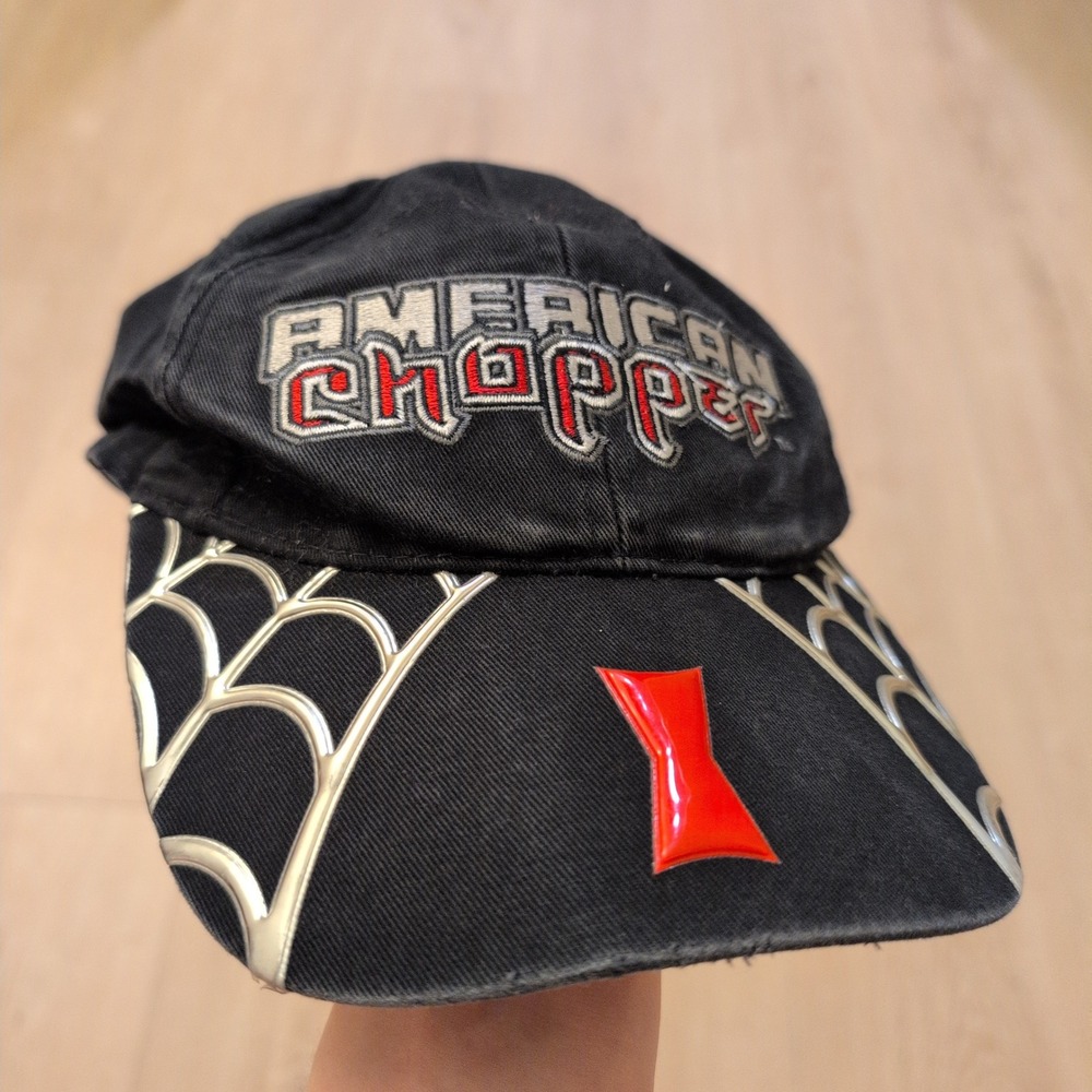 VTG Y2K American Chopper Black Widow Hat Black Hook Loop Baseball Cap Biker